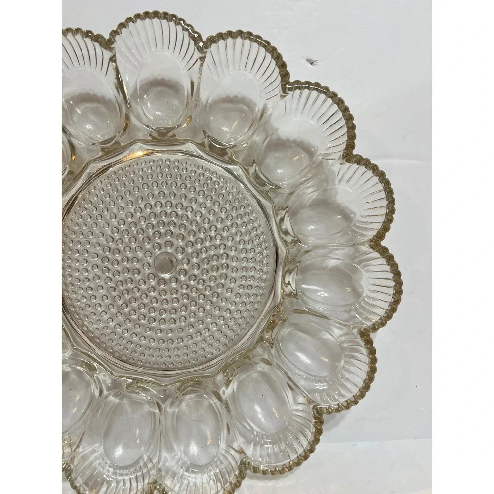 Indiana Glass Clear Deviled Egg Platter Scalloped Ribbed 15 Slot Hobnail Center